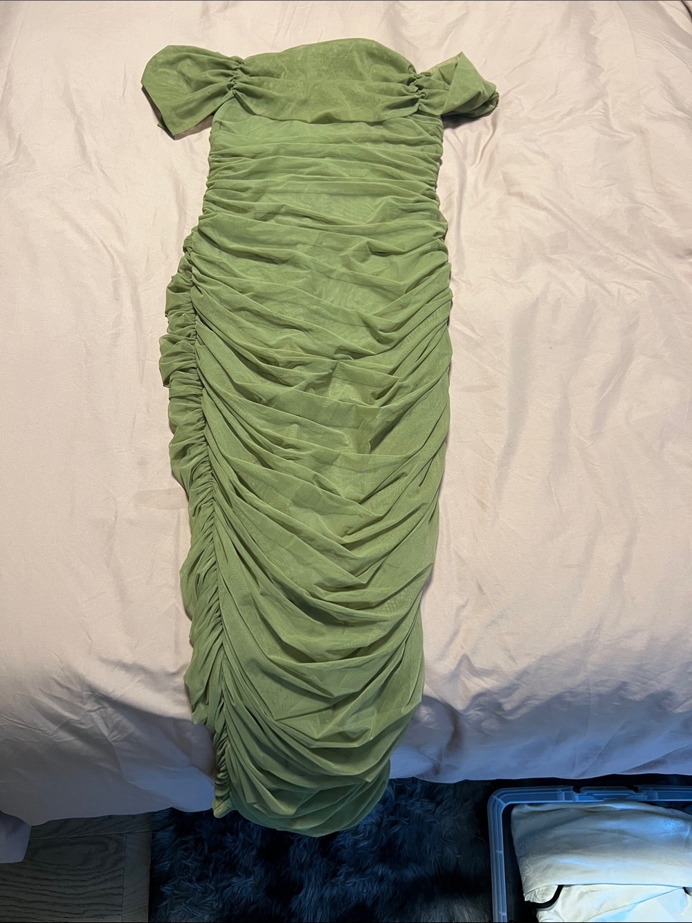 Missguided Sage Green Ruched Off-Shoulder Midi Dress